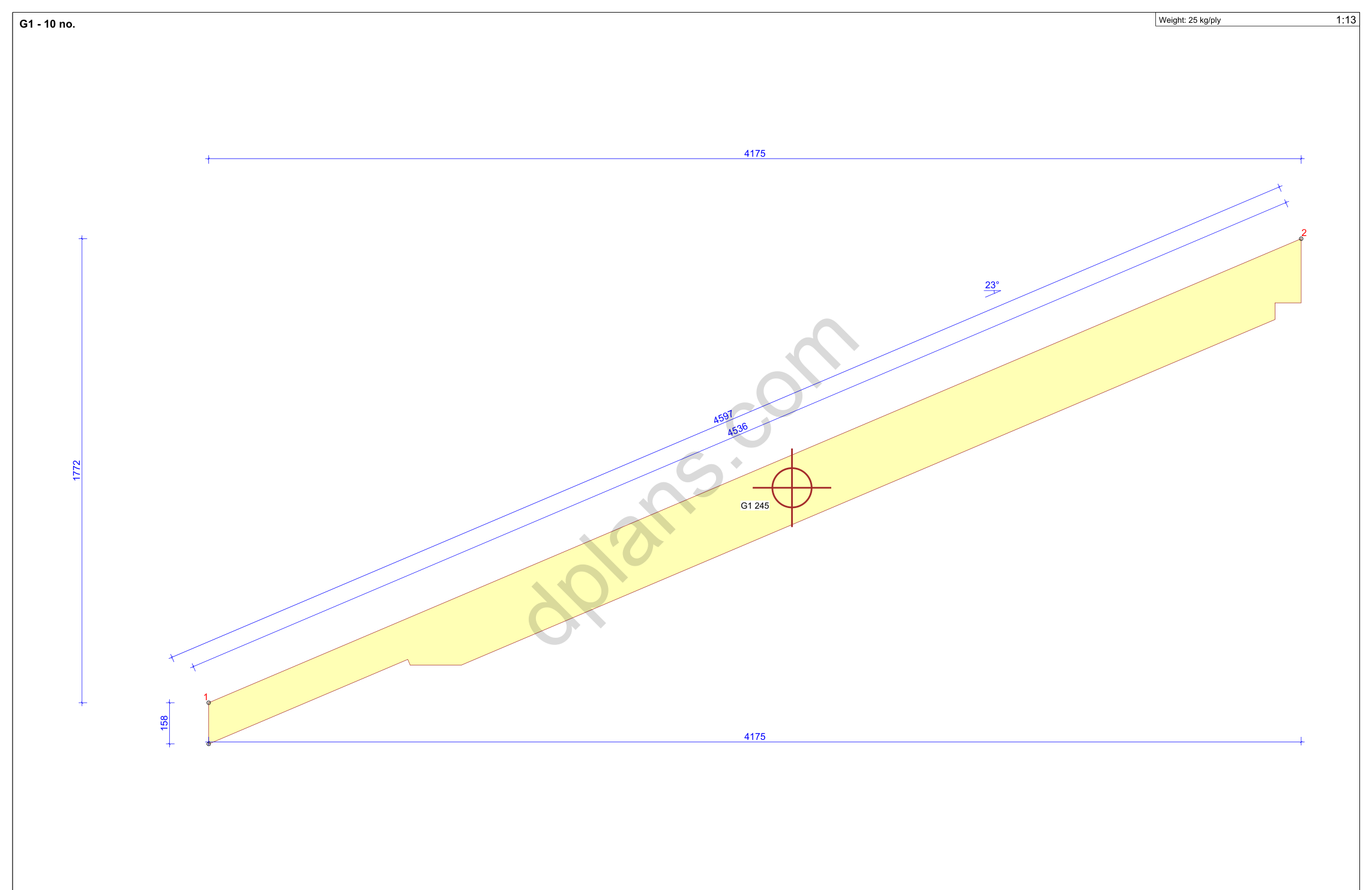 31x23 sauna house plans, rafter drawing with the 23° cuts, notches and member length (metric, mm)