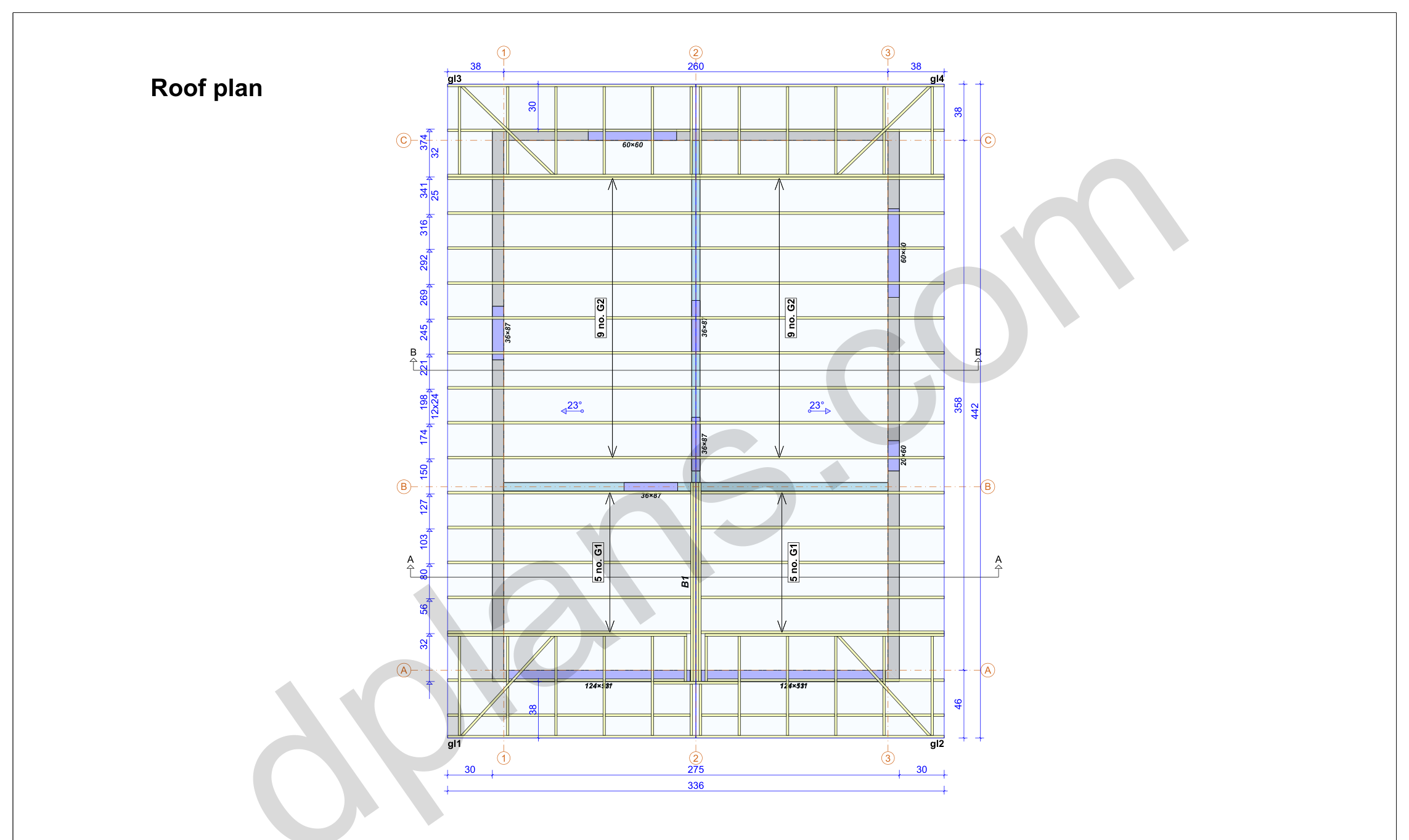31x23 sauna house plans, roof plan with the rafter layout, ridge beam and overhangs (imperial, inches)