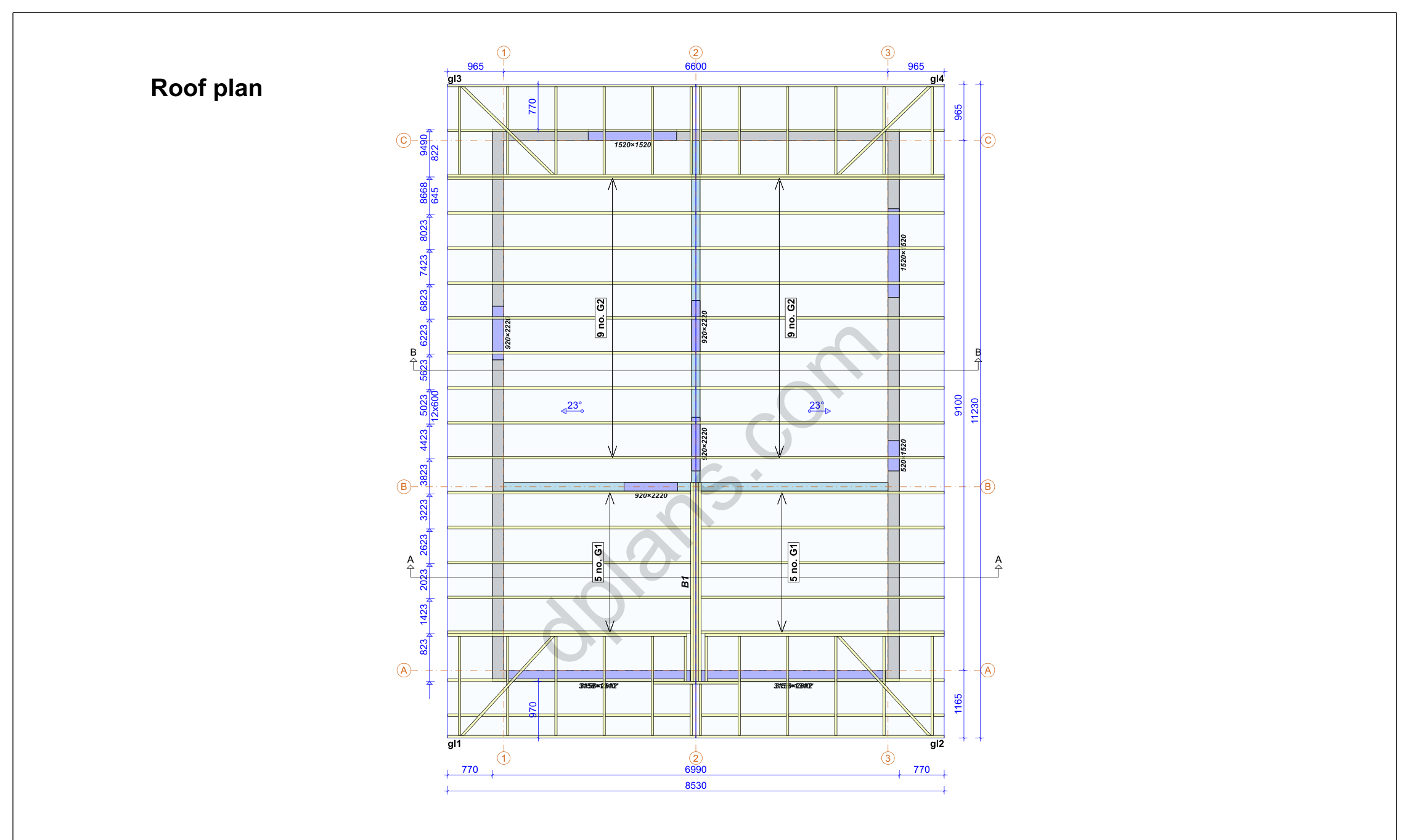 31x23 sauna house plans, roof plan with the rafter layout, ridge beam and overhangs (metric, mm)