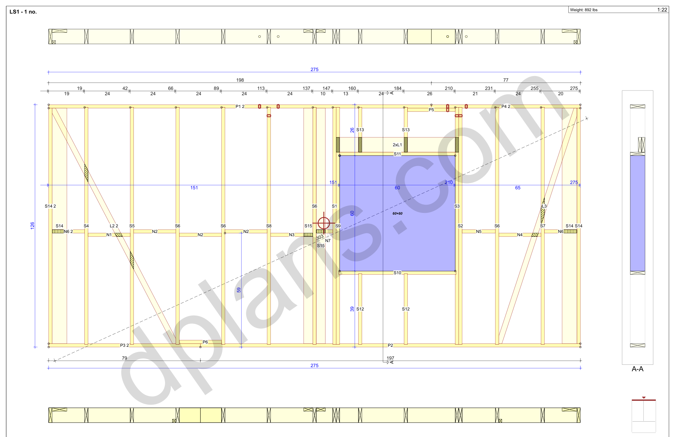 31x23 sauna house plans, wall panel framing elevation with studs, window opening and cut list (imperial, inches)