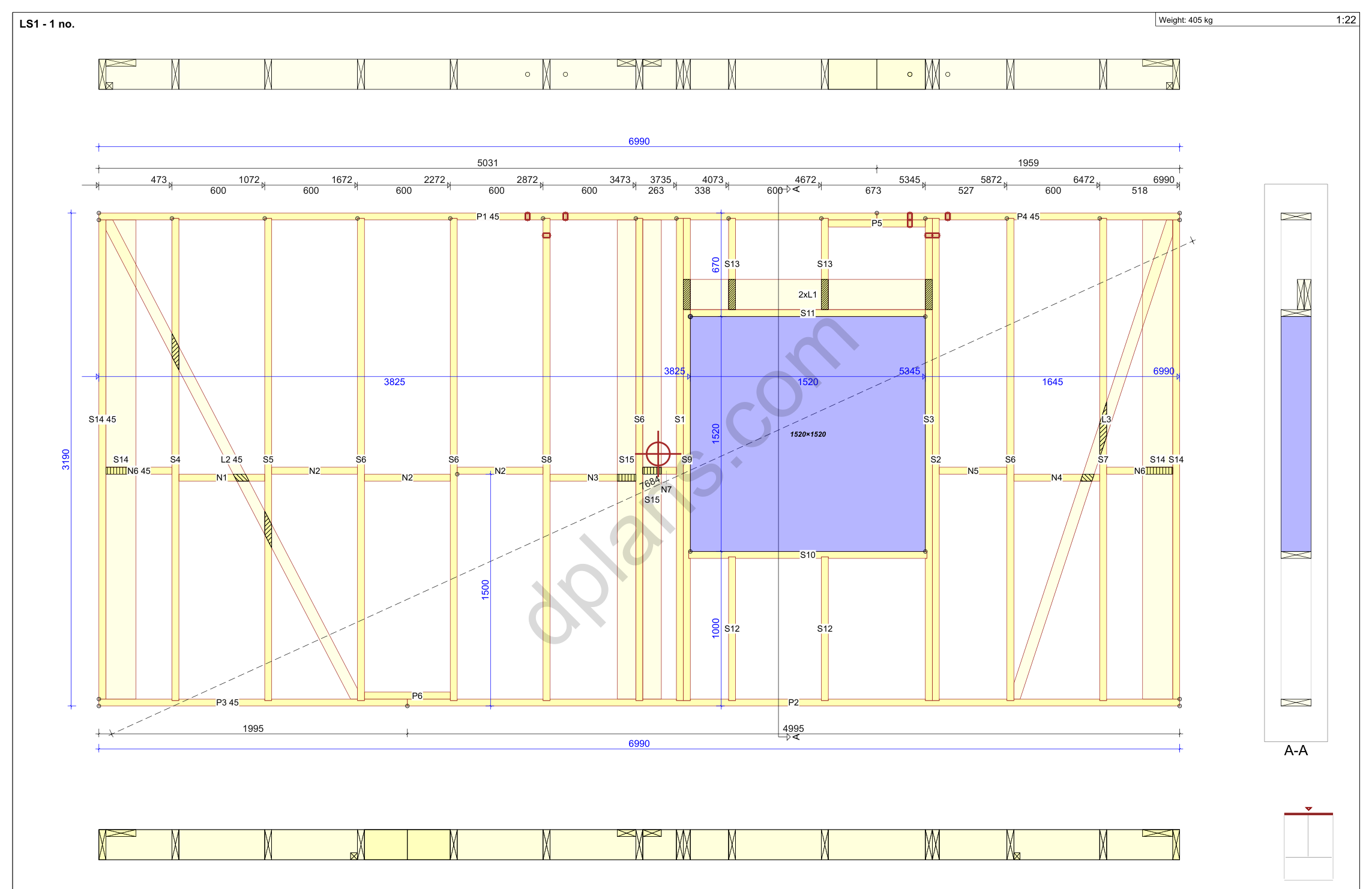31x23 sauna house plans, wall panel framing elevation with studs, window opening and cut list (metric, mm)