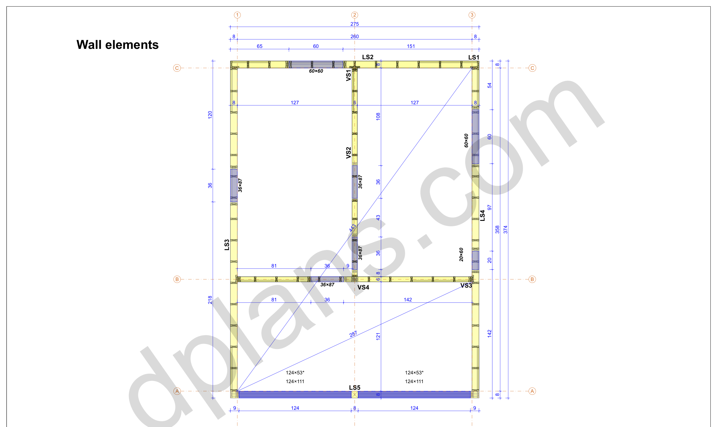 31x23 sauna house plans, wall layout plan with the external and internal walls, doors and windows (imperial, inches)