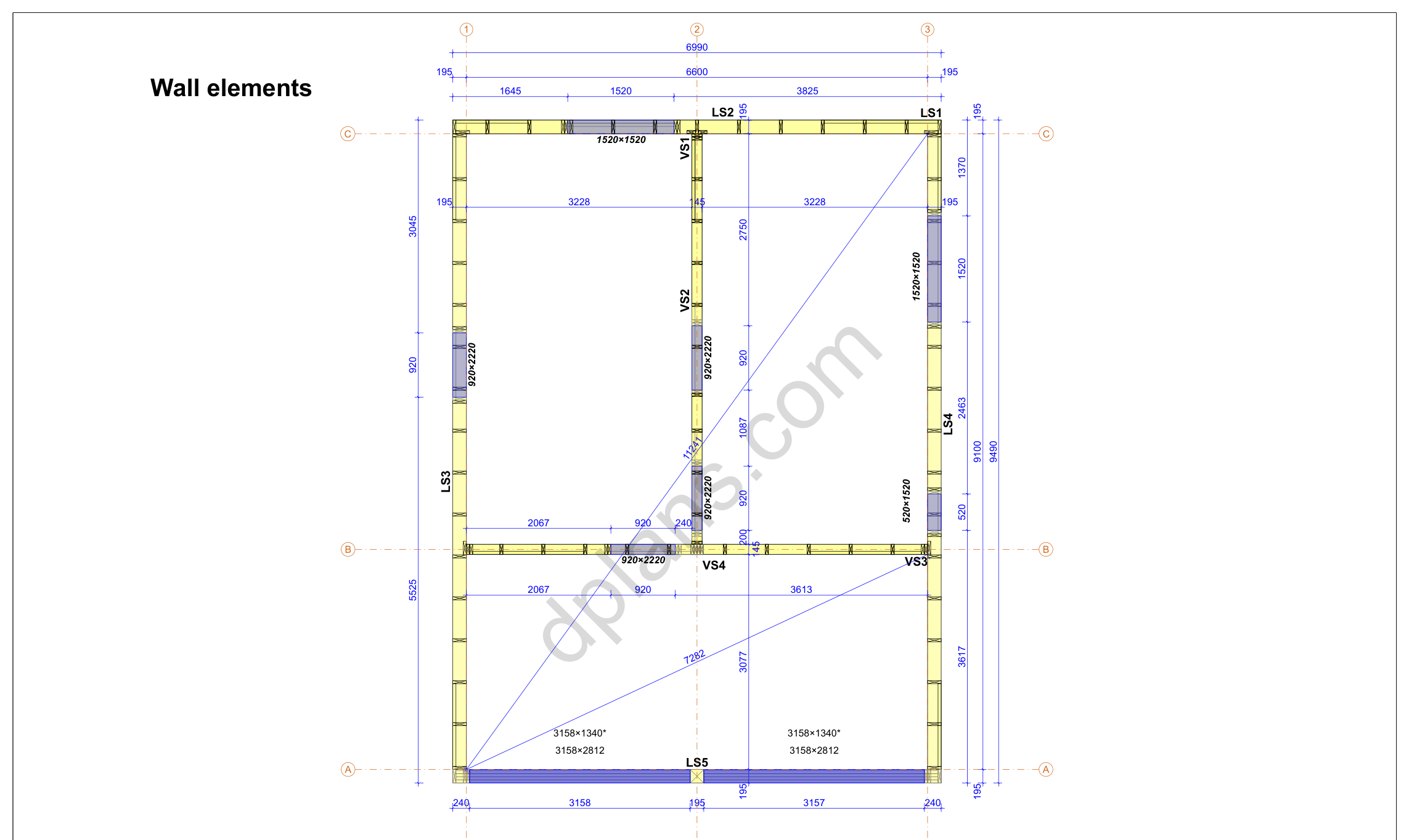 31x23 sauna house plans, wall layout plan with the external and internal walls, doors and windows (metric, mm)