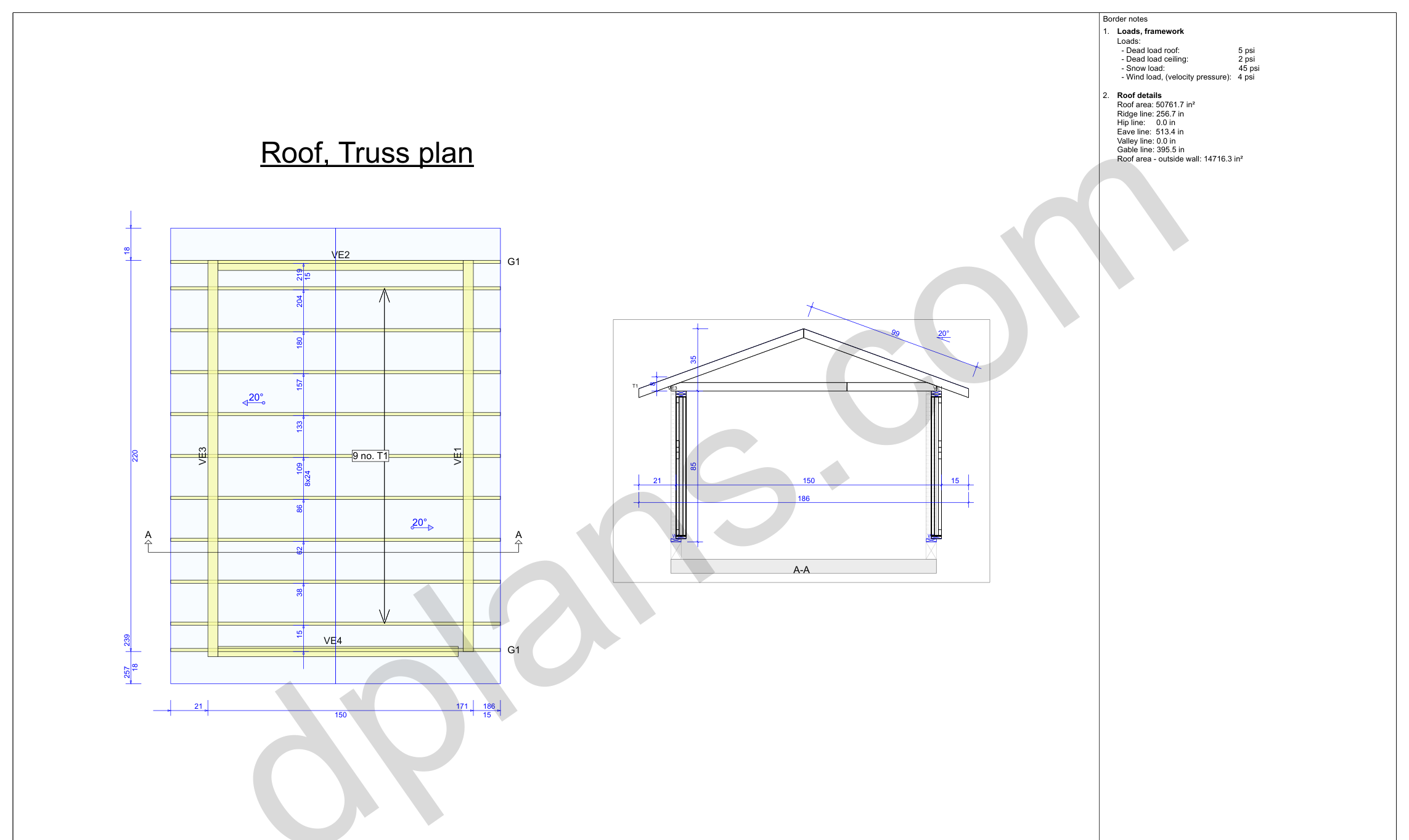 18x13 garage roof truss layout plan with truss spacing, 20 degree roof pitch and cross section, in inches