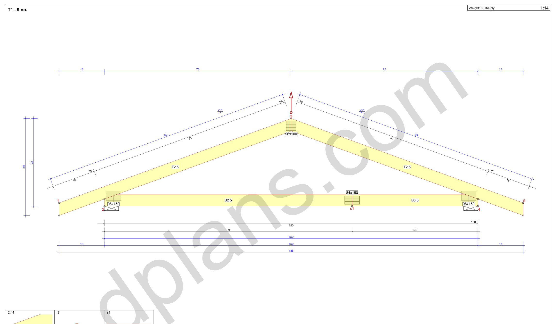 18x13 garage roof truss design drawing with truss dimensions for a 20 degree gable roof, in inches