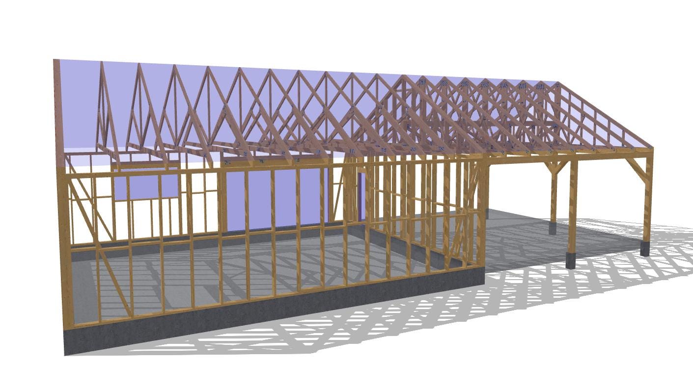 27' 2" x 56' 9" Garage with Carport Plans (Inverted)