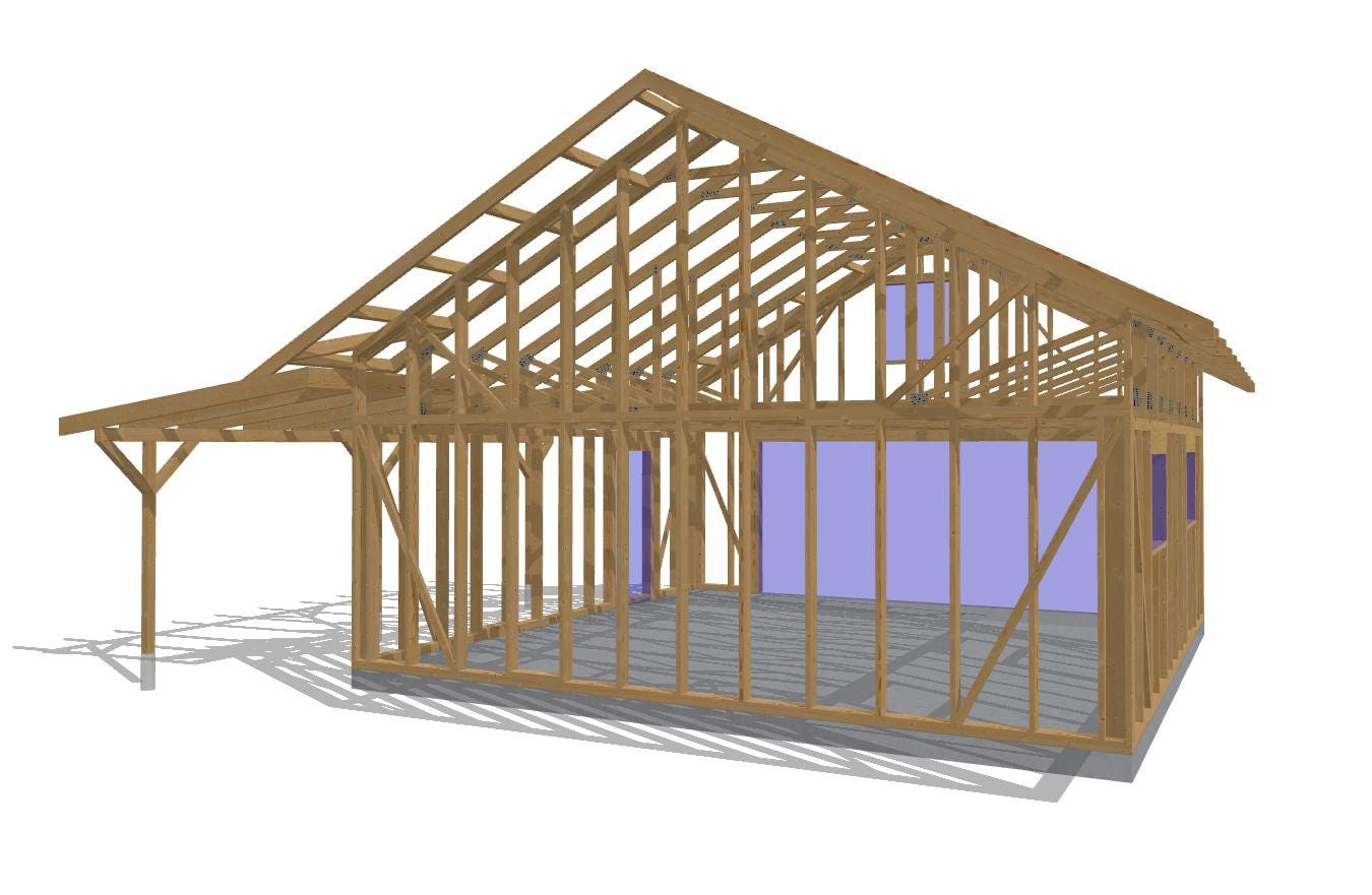 24' x 24' Garage with Loft & 24' x 10' Carport Plans | Two Story Garage Blueprint PDF