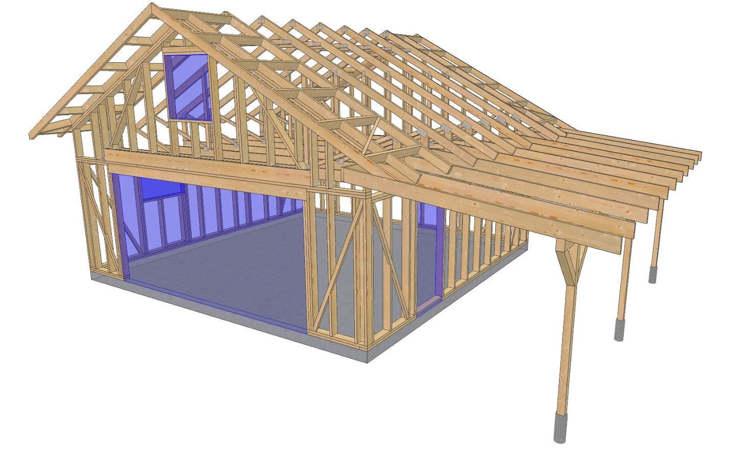 24' x 24' Garage with Loft & 24' x 10' Carport Plans | Two Story Garage Blueprint PDF