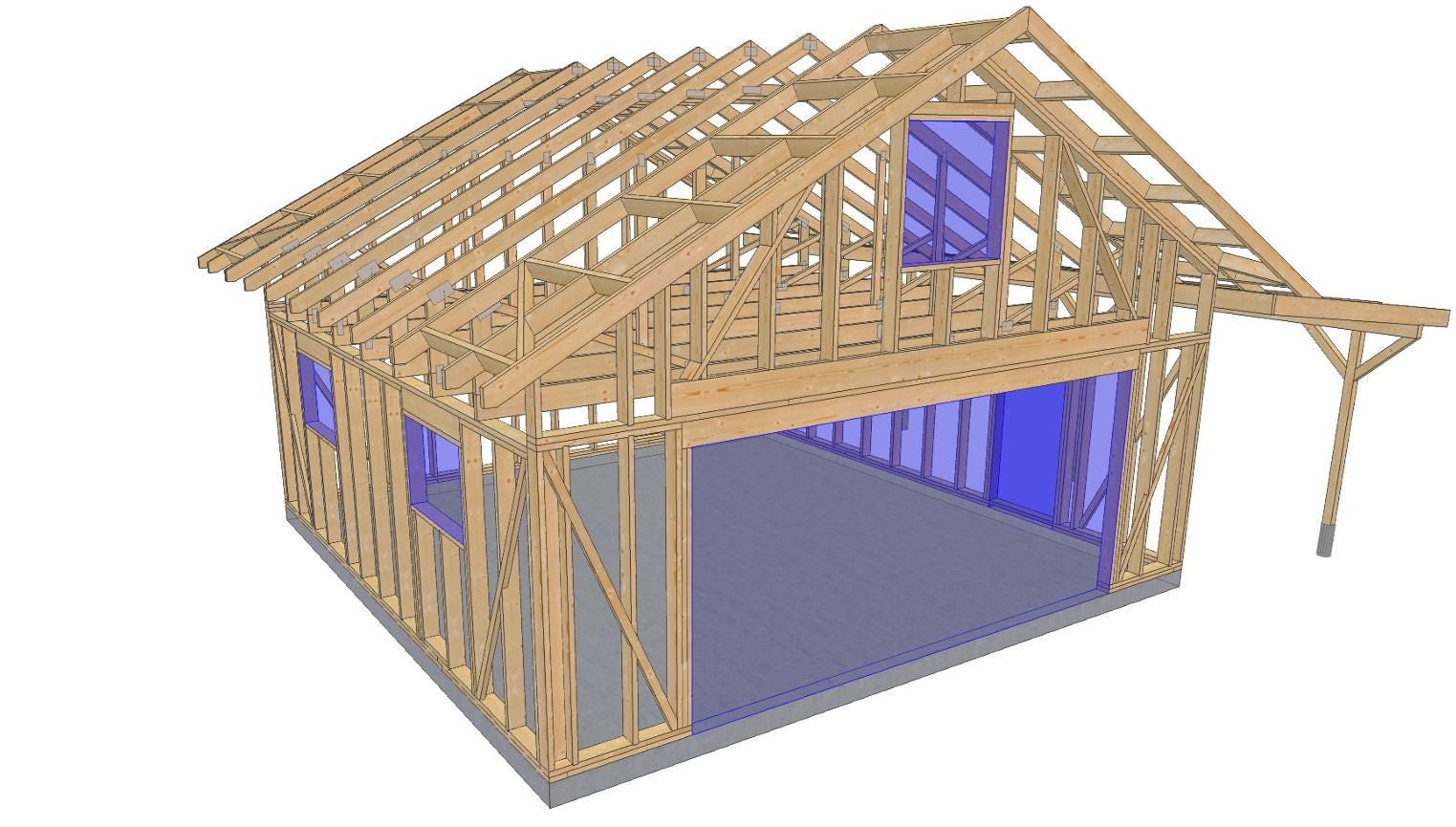 24' x 24' Garage with Loft & 24' x 10' Carport Plans | Two Story Garage Blueprint PDF
