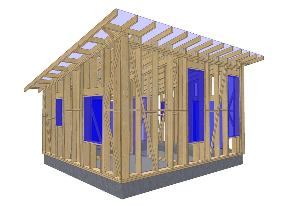 18' x 20' Timber Frame Cabin Plans | Wood Cabin Single Slope Roof Design