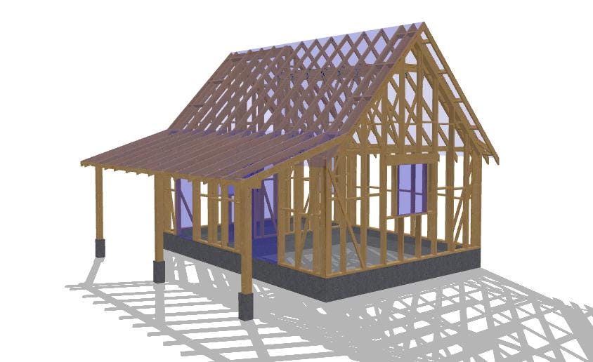 17' x 24' House with 7' x 24' Carport Plans | Small Home Carport Combo Blueprint