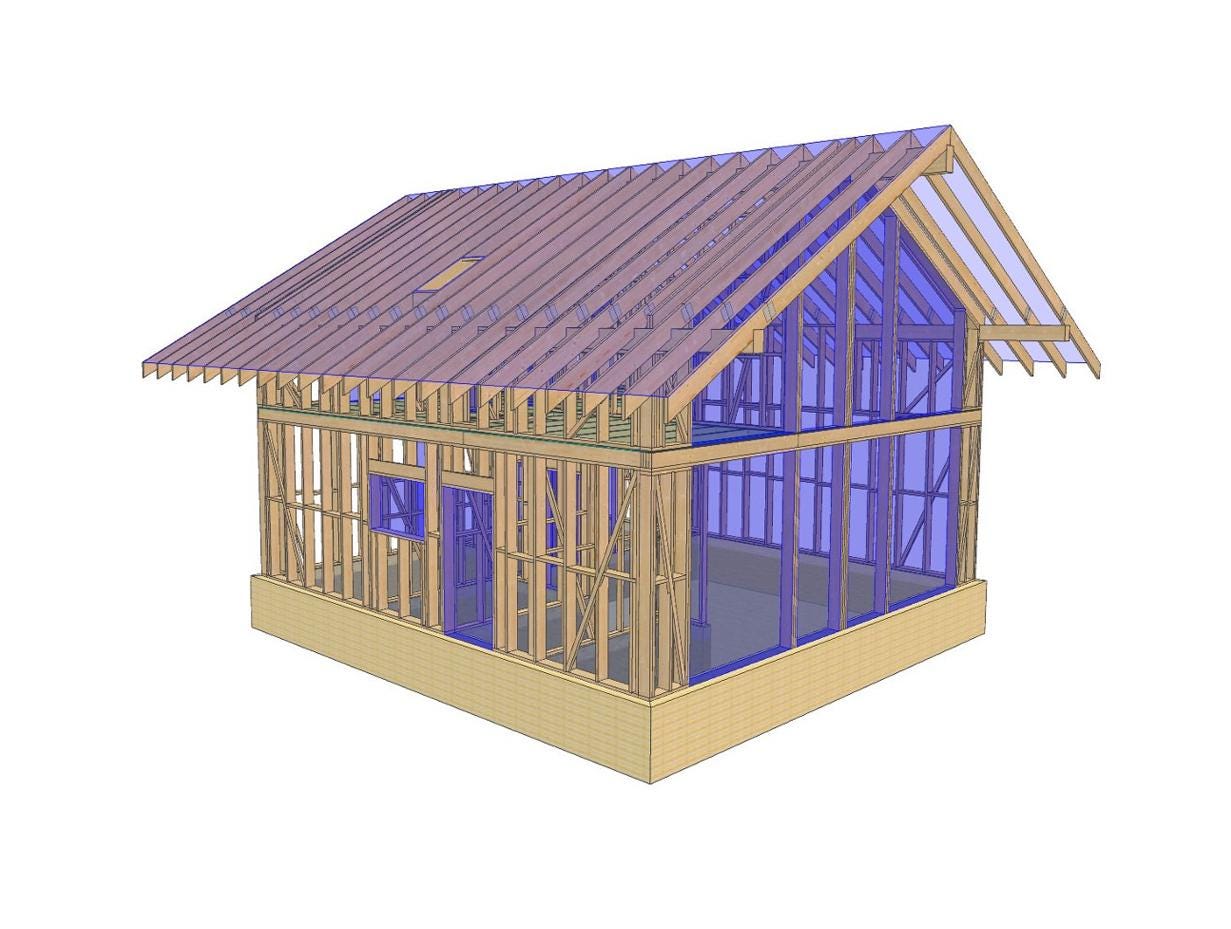 32' x 30' Timber Frame House with Attic Plans | Wood Frame Home Loft Blueprint