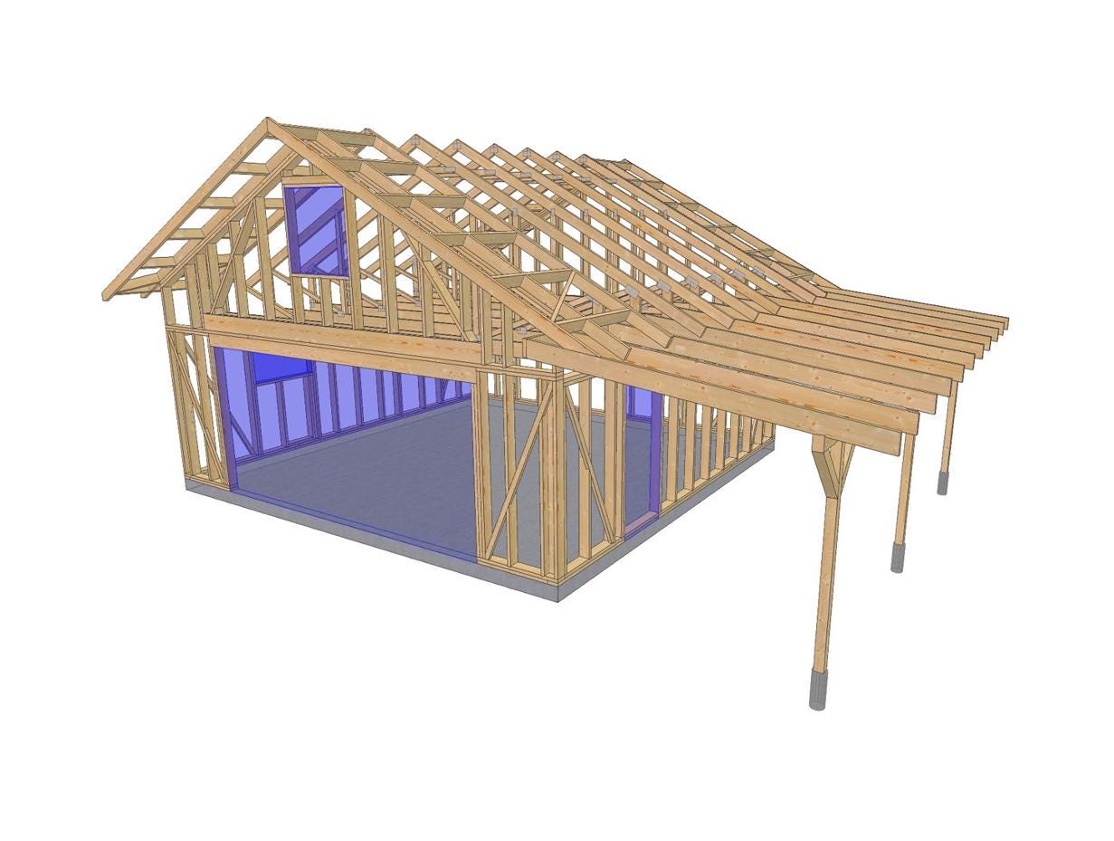 24' x 24' Garage with Loft & 24' x 10' Carport Plans | Two Story Garage Blueprint PDF