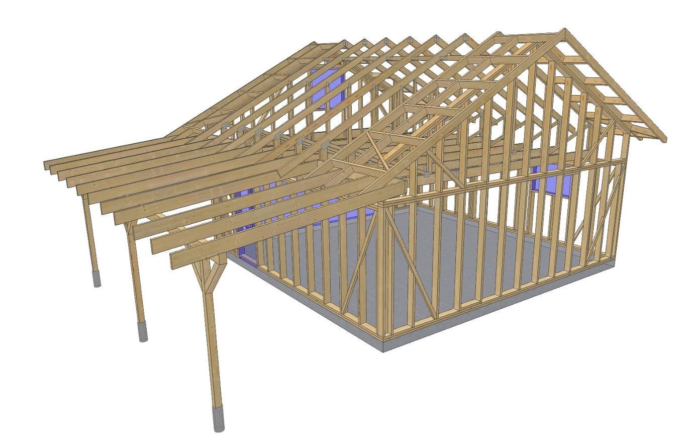 24' x 24' Garage with Loft & 24' x 10' Carport Plans | Two Story Garage Blueprint PDF