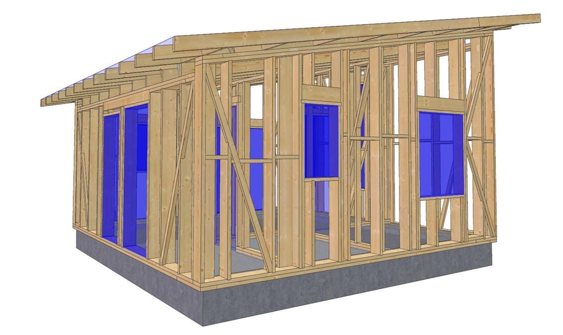 18' x 20' Timber Frame Cabin Plans | Wood Cabin Single Slope Roof Design