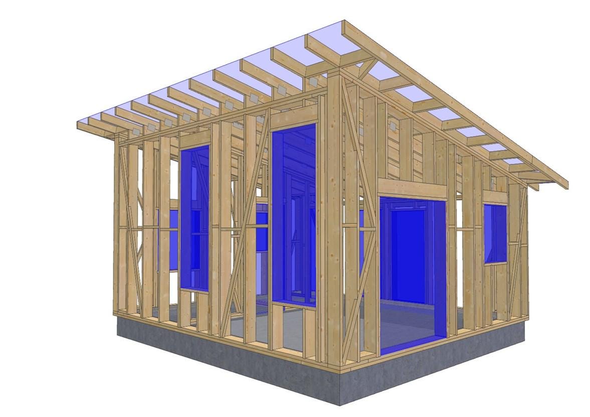 18' x 20' Timber Frame Cabin Plans | Wood Cabin Single Slope Roof Design