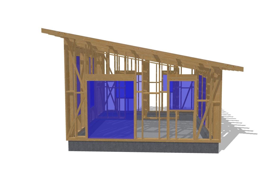 18' x 20' Timber Frame Cabin Plans | Wood Cabin Single Slope Roof Design