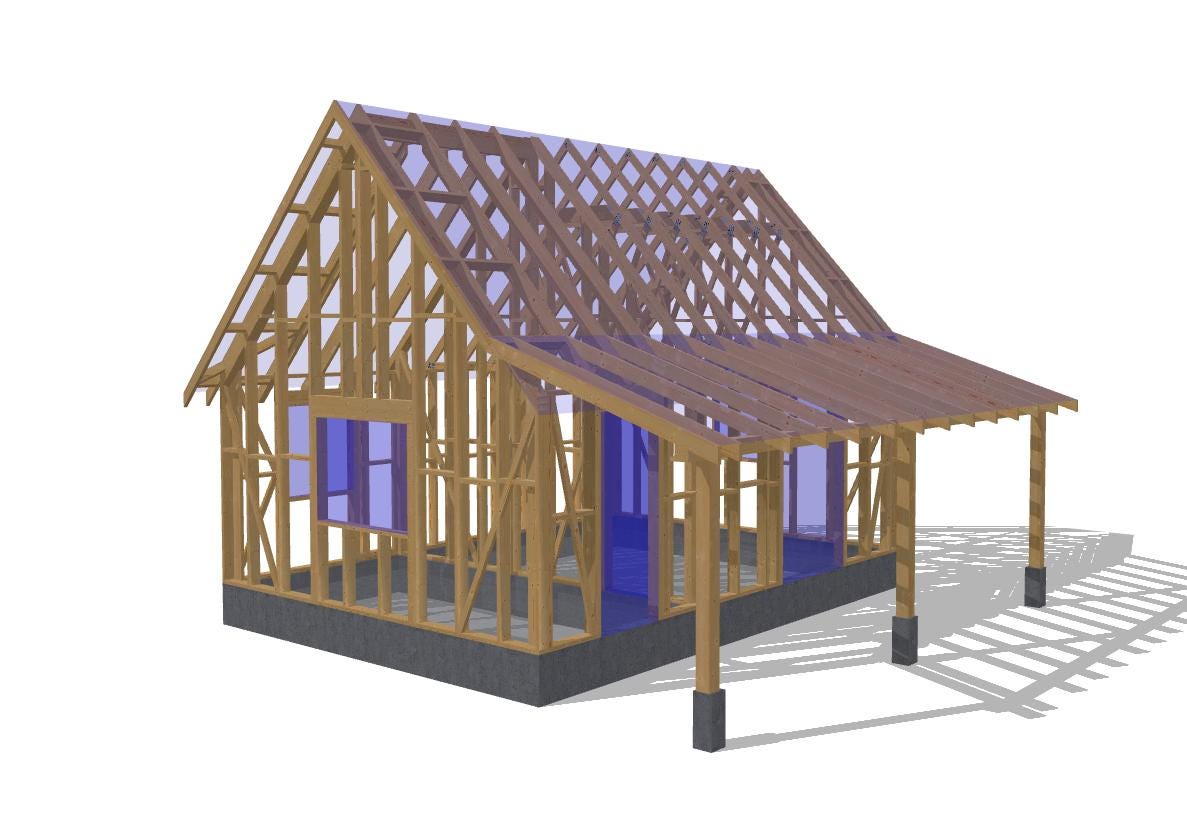 17' x 24' House with 7' x 24' Carport Plans | Small Home Carport Combo Blueprint