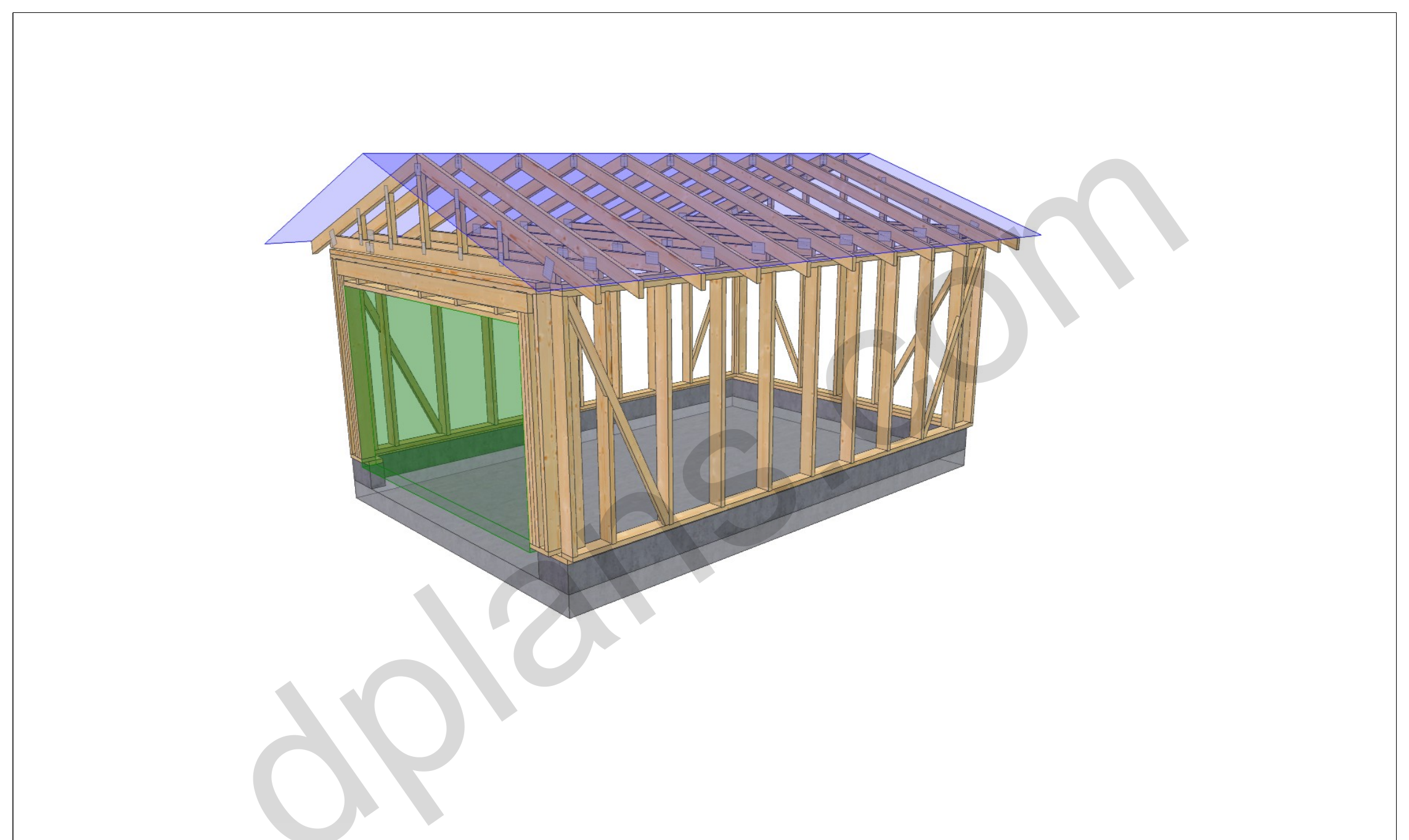 18x13 timber frame garage plans, 3D framing view of the wall studs, corner bracing and roof trusses