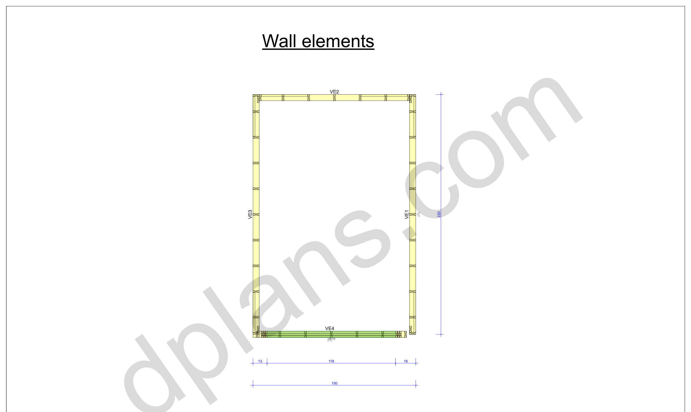 18x13 garage wall layout plan showing all four timber frame walls with overall dimensions in inches