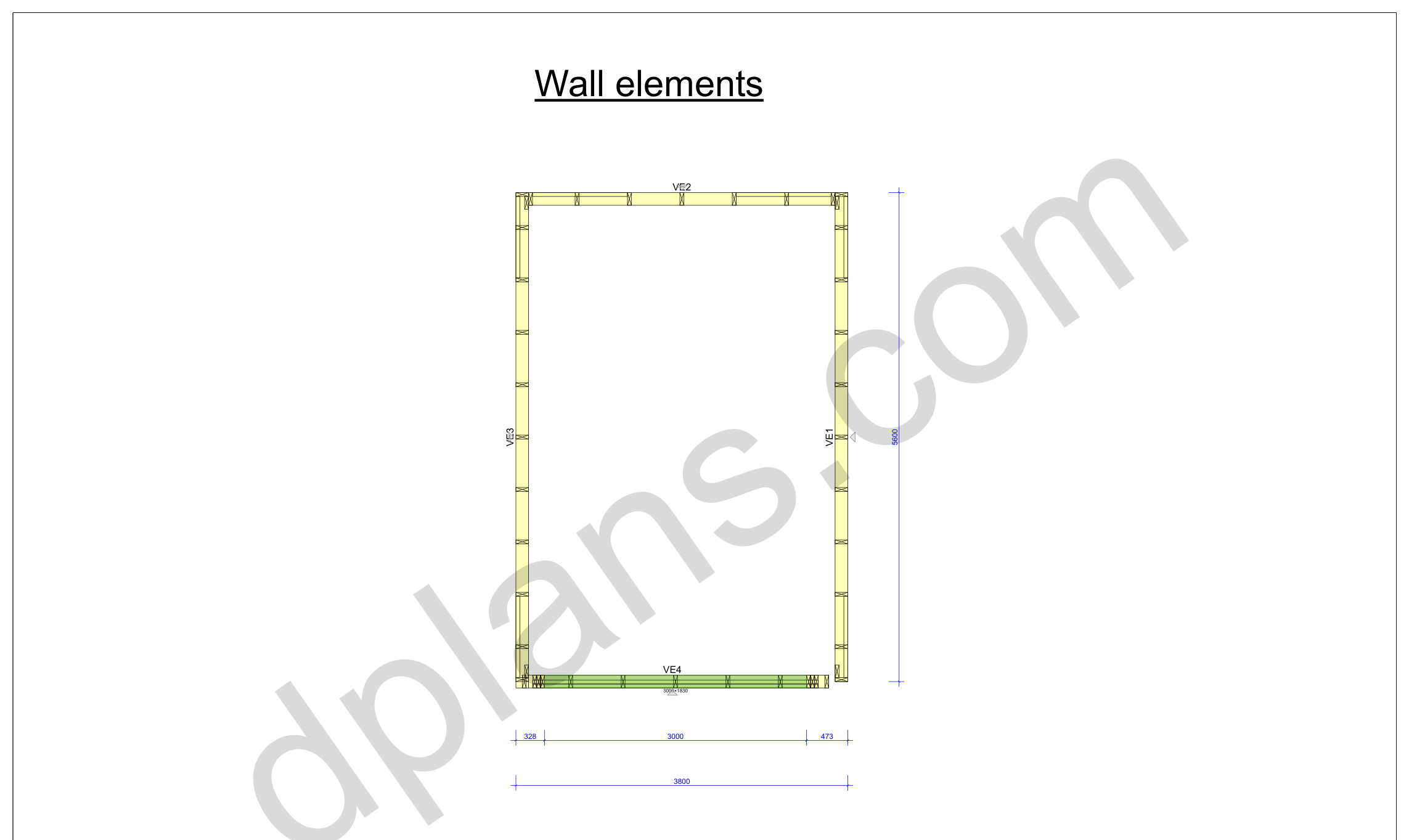 18x13 garage wall layout plan showing all four timber frame walls with overall dimensions in metric (mm)