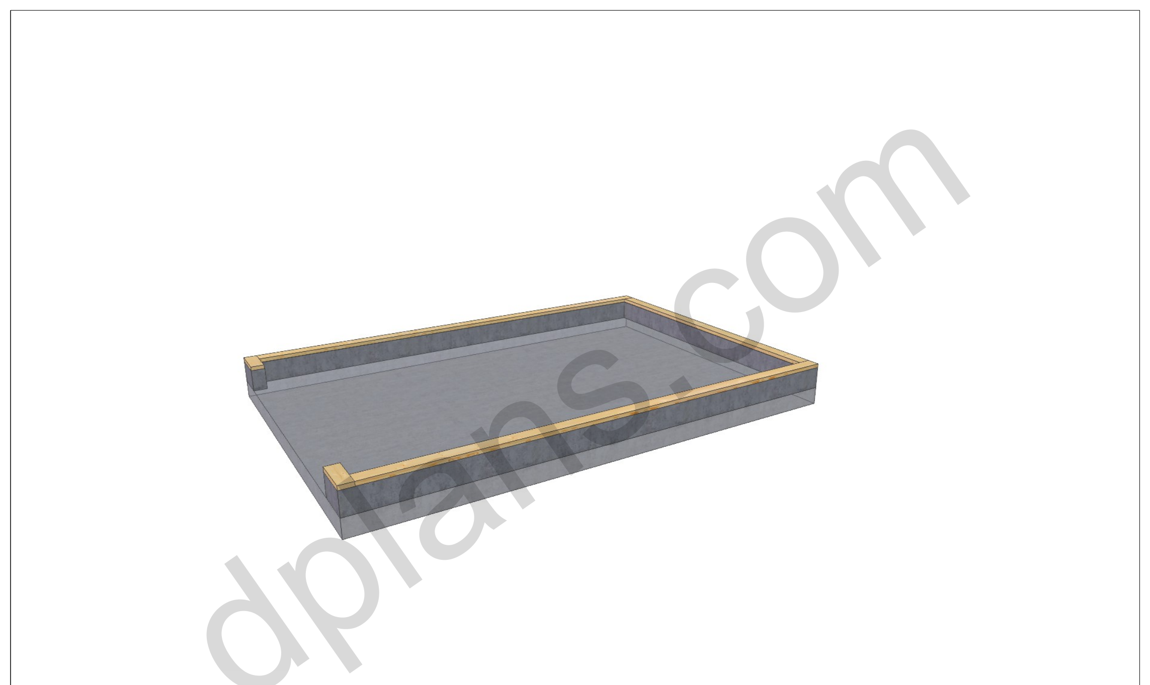 18x13 garage slab foundation in 3D, concrete slab with wood sill plates for a timber frame garage